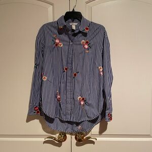 H&M Blue Striped Shirt with Floral Embroidery